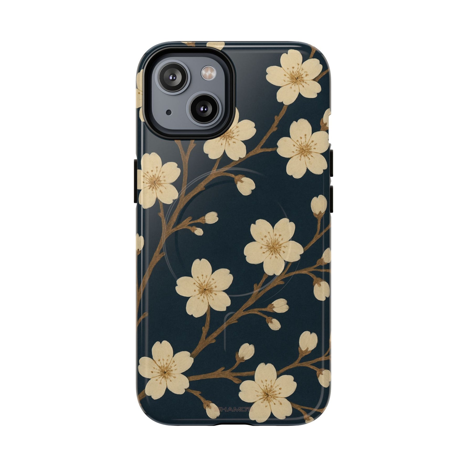 Navy Cherry Blossom Floral iPhone Case - Compatible with MagSafe