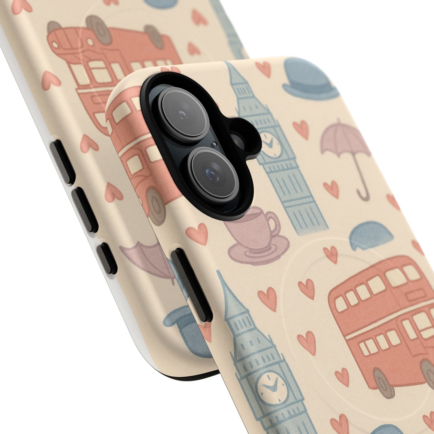 London Icons Hand-Drawn iPhone Case — Cute Double-Decker Bus & Big Ben Pattern with MagSafe compatibility