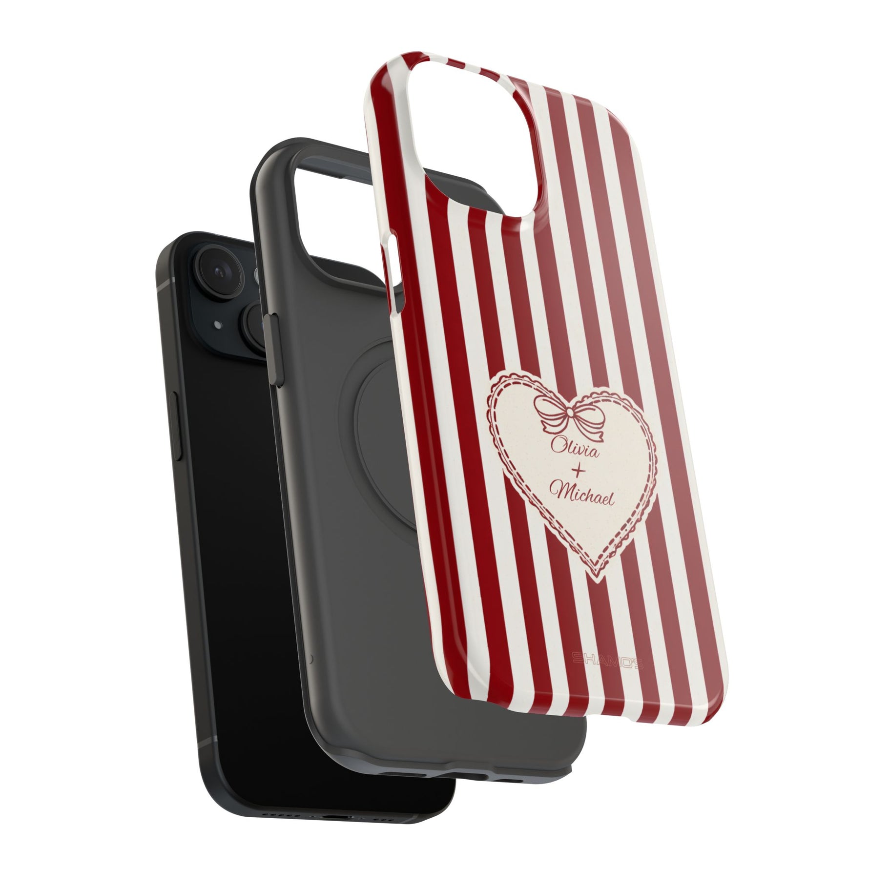 Funda personalizada a rayas — Diseño de corazón rojo y blanco (nombres personalizados)