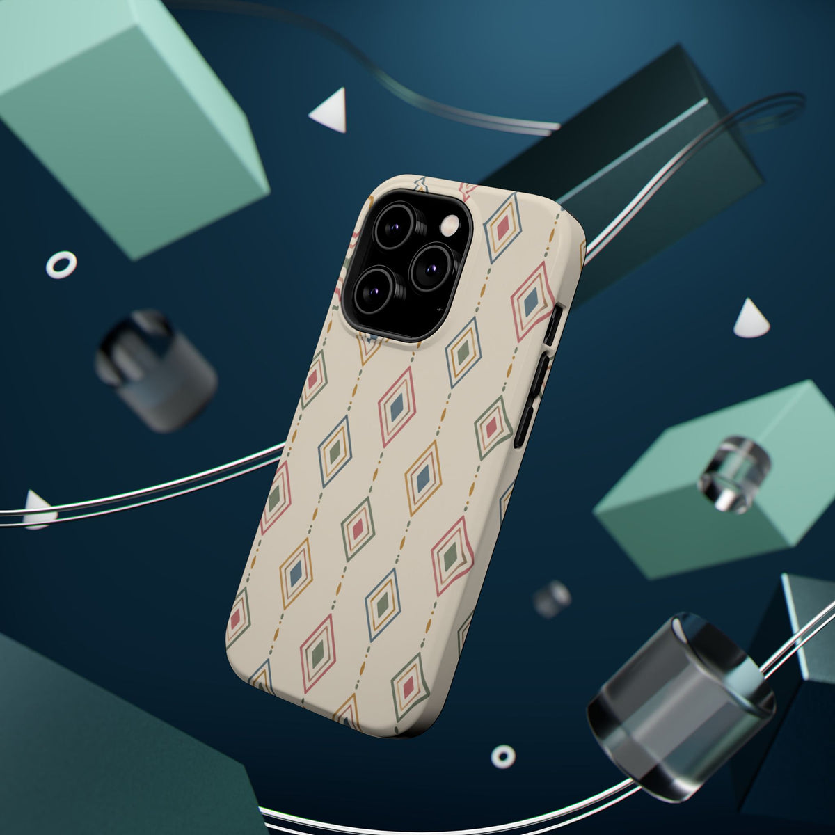 Desert Diamonds – Pastel Geometric Pattern MagSafe Phone Case, glossy square triple-camera Pro model, rear view with magnetic accessories