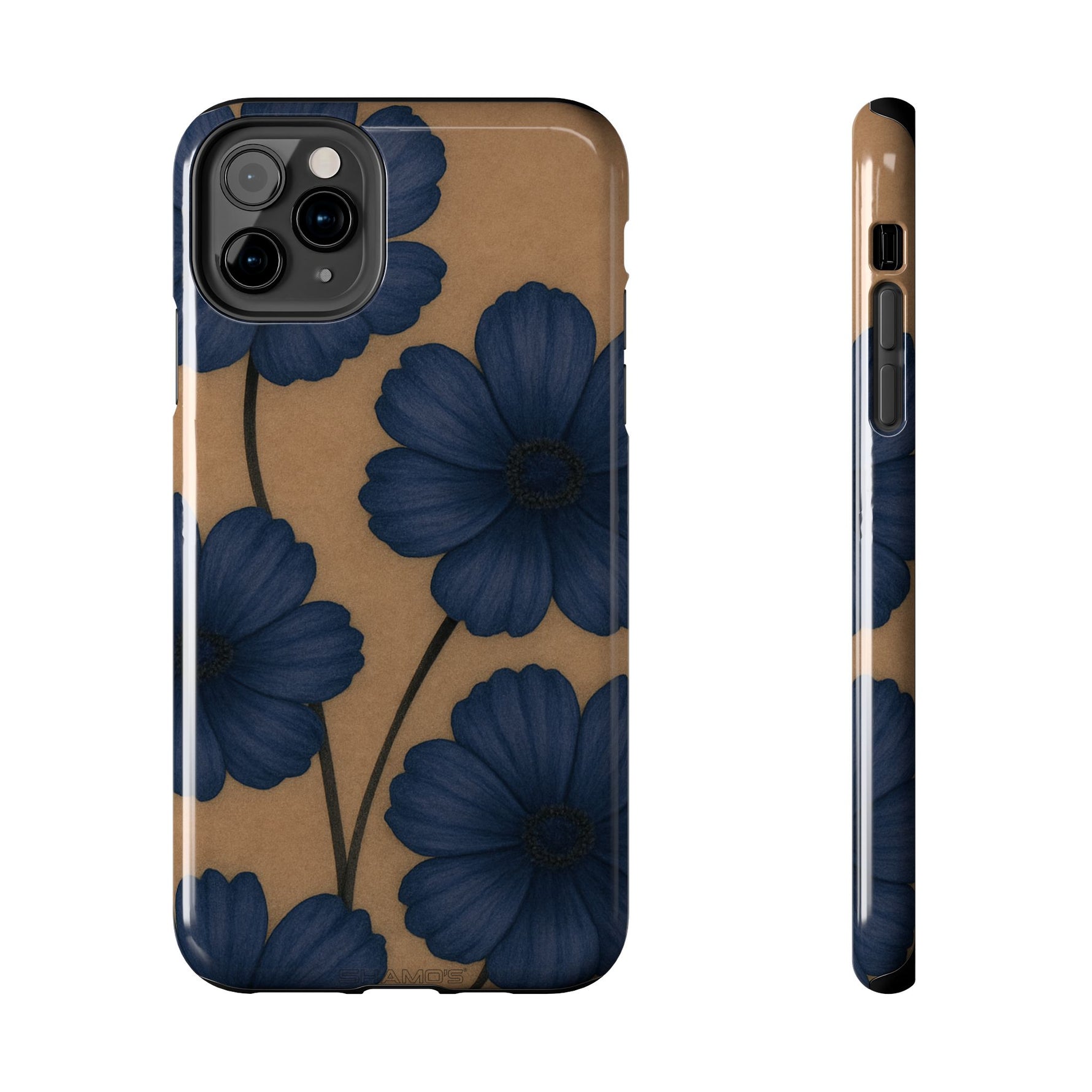 Navy Floral Tough Phone Case — Durable Protective Case with Blue Flowers on Kraft Background