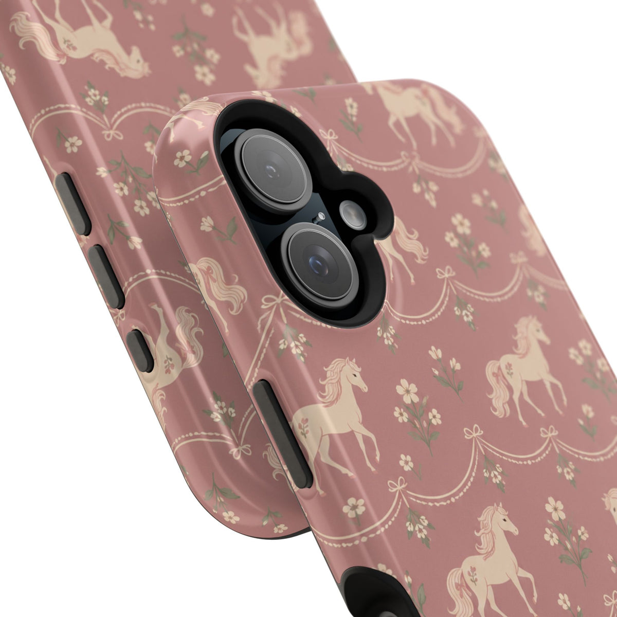 Rose Ponies MagSafe Phone Case, glossy vertical dual-camera model, camera and side-button close-up
