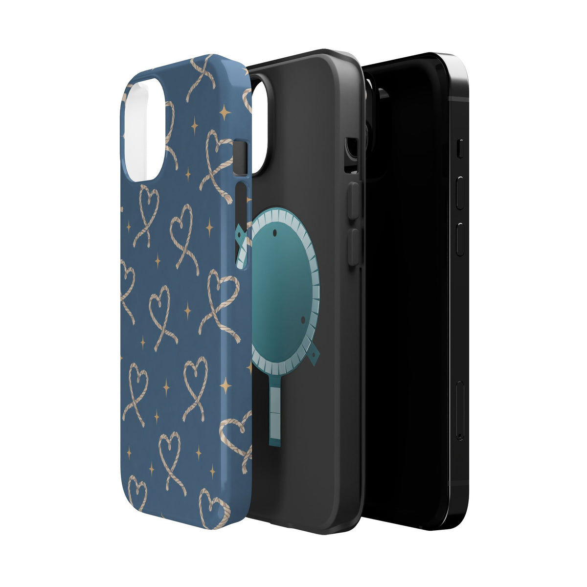 Lasso Hearts – Blue Western Heart MagSafe Phone Case, glossy diagonal dual-camera model, exploded shell and liner with magnetic ring