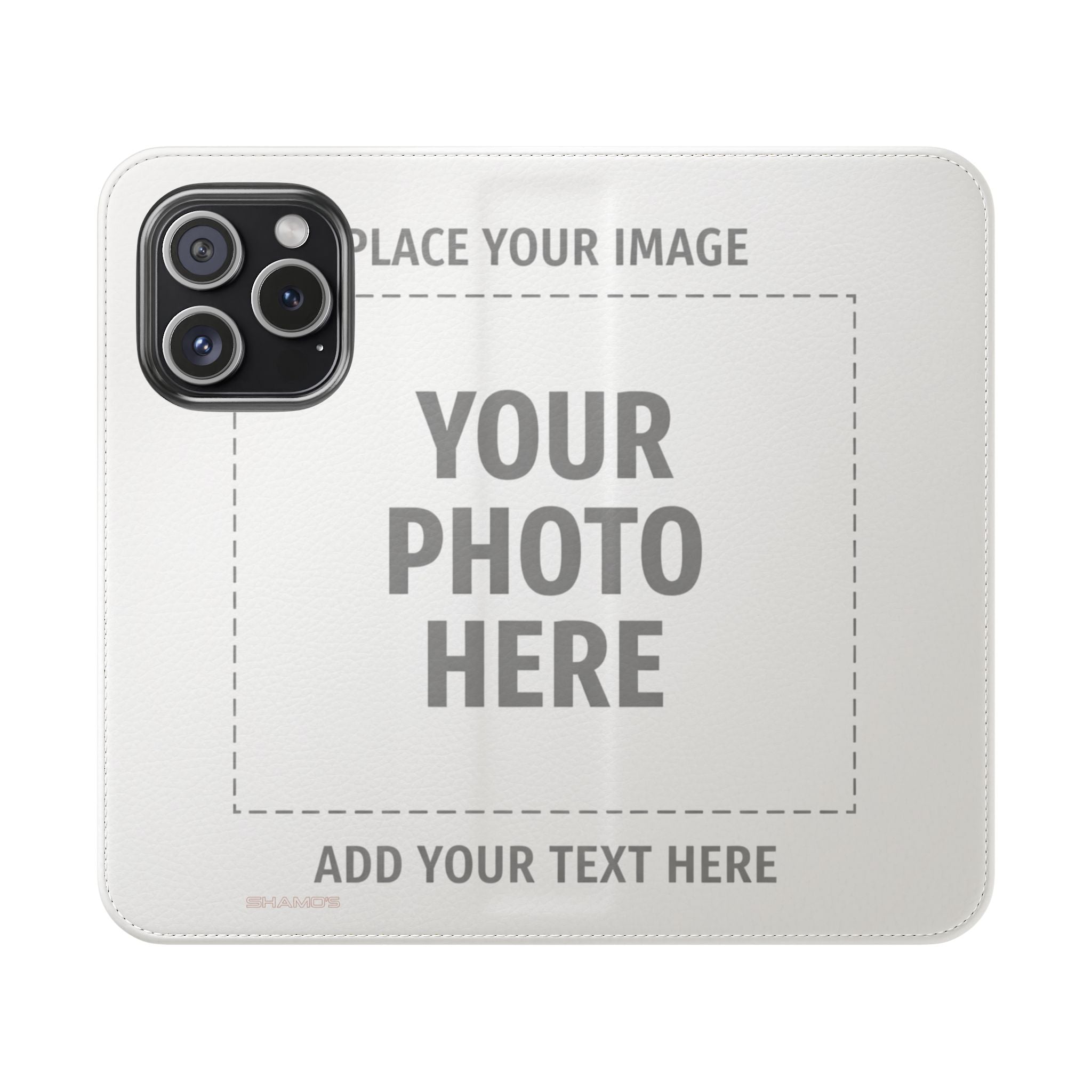 Outside of an open customizable wallet phone case with Your Photo Here and Add Your Text Here placeholders