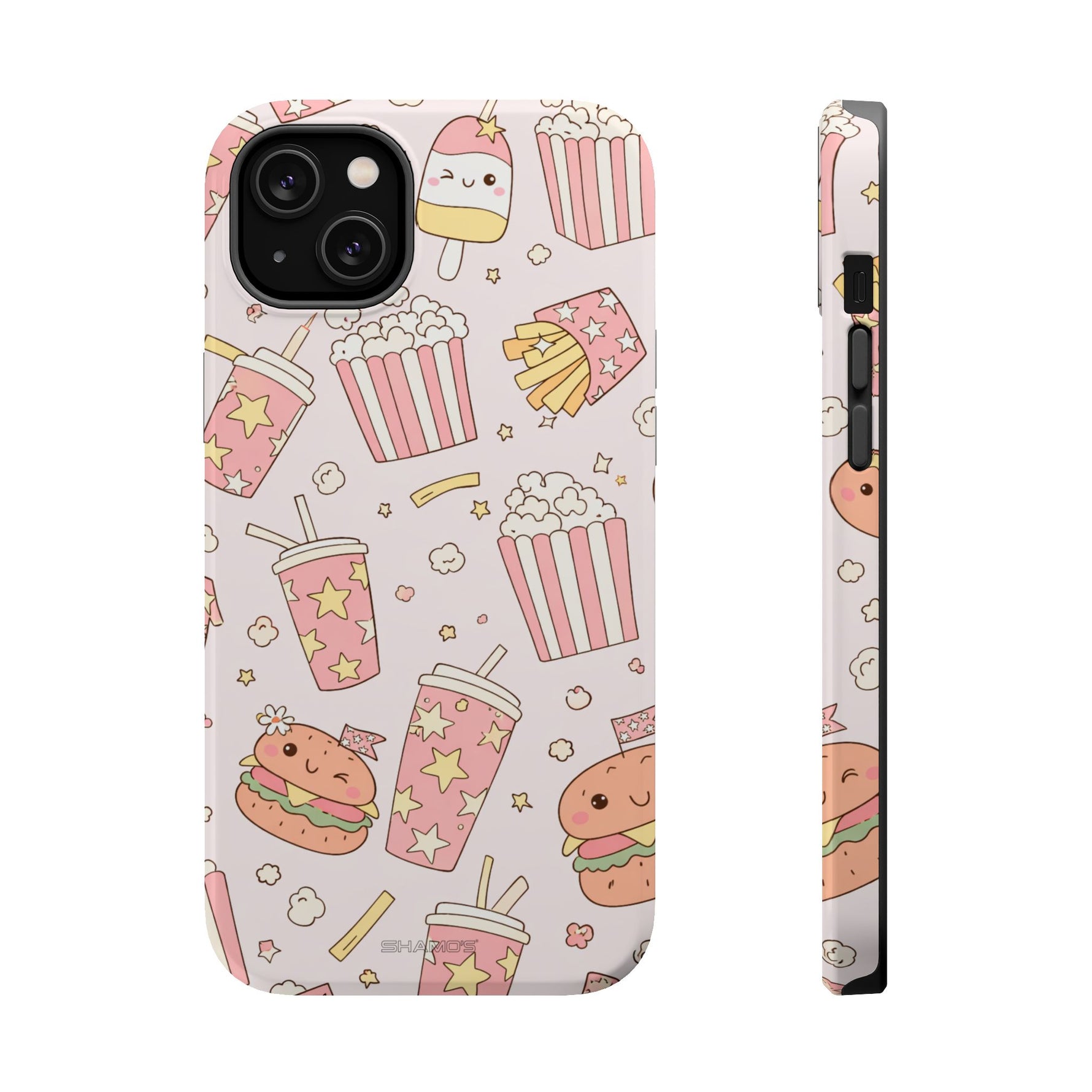 Kawaii Snack Pattern Magnetic Phone Case, Cute Popcorn, Burger & Soda Design with MagSafe Compatibility