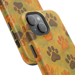 Two phone cases with brown and orange paw print pattern showing different sizes