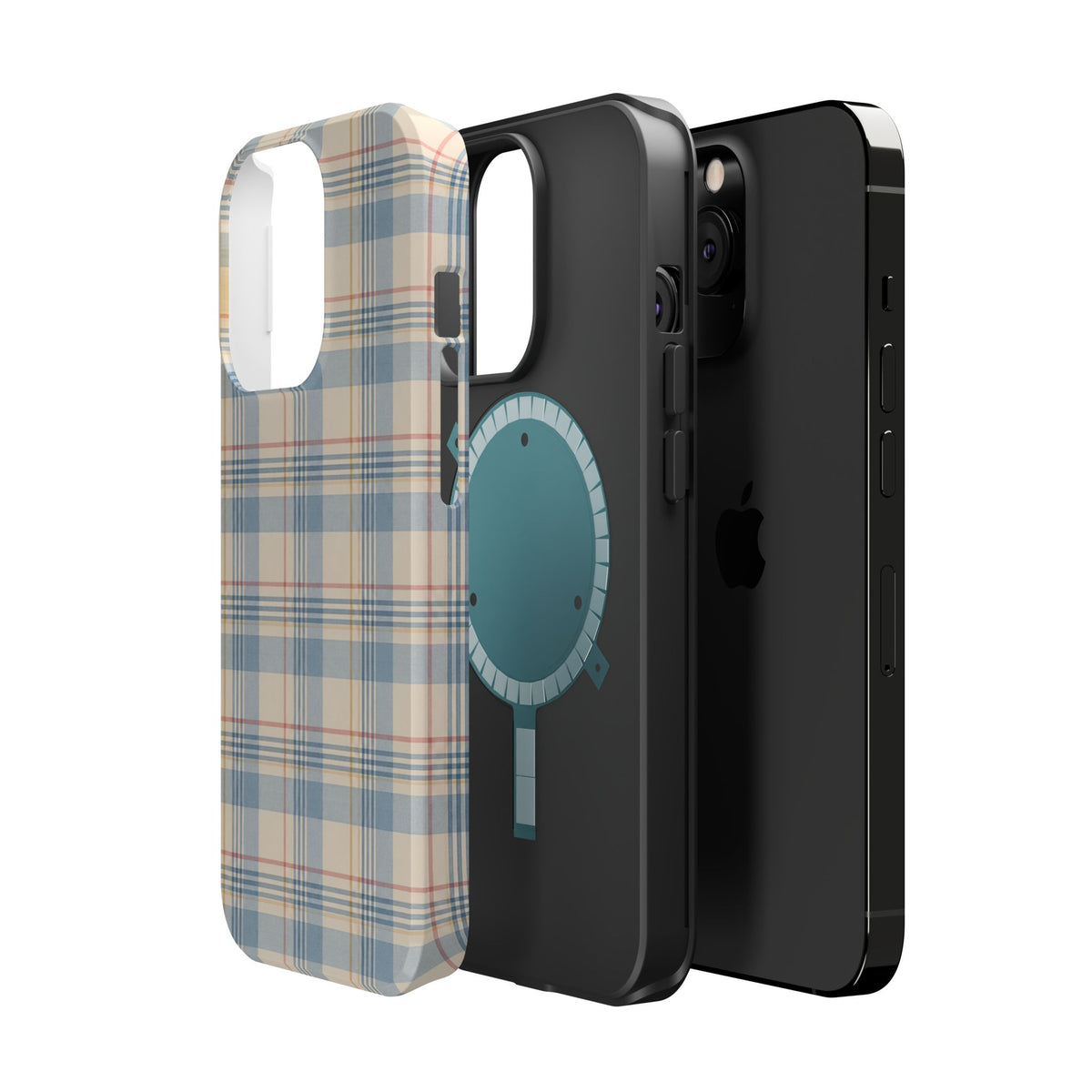 Ranch Check – Blue and Cream Plaid MagSafe Phone Case, glossy square triple-camera Pro model, exploded shell and liner with magnetic ring
