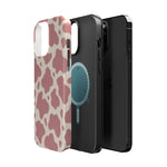 Rose Cowprint – Pink Cow Print MagSafe Phone Case, glossy square triple-camera Pro model, exploded shell and liner with magnetic ring