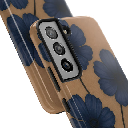 Navy Floral Tough iPhone Case — Durable Protective Case with Blue Flowers on Kraft Background