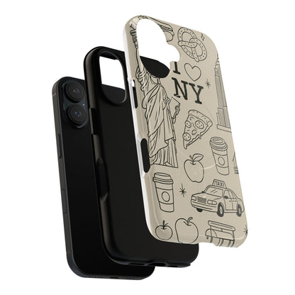 NY City Icons Tough iPhone Case — Statue of Liberty, Pizza & Taxi Pattern | Compatible with MagSafe