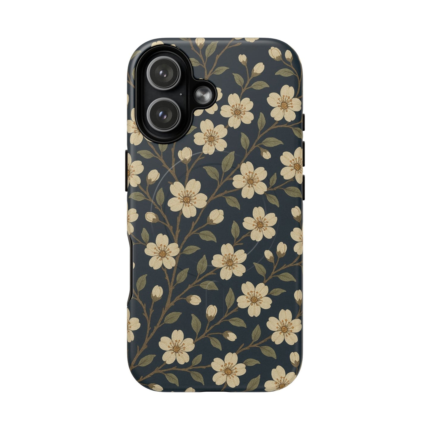 Navy Cherry Blossom Floral iPhone Case - Compatible with MagSafe