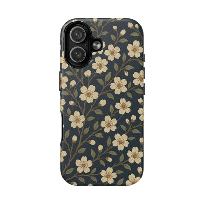 Navy Cherry Blossom Floral iPhone Case - Compatible with MagSafe