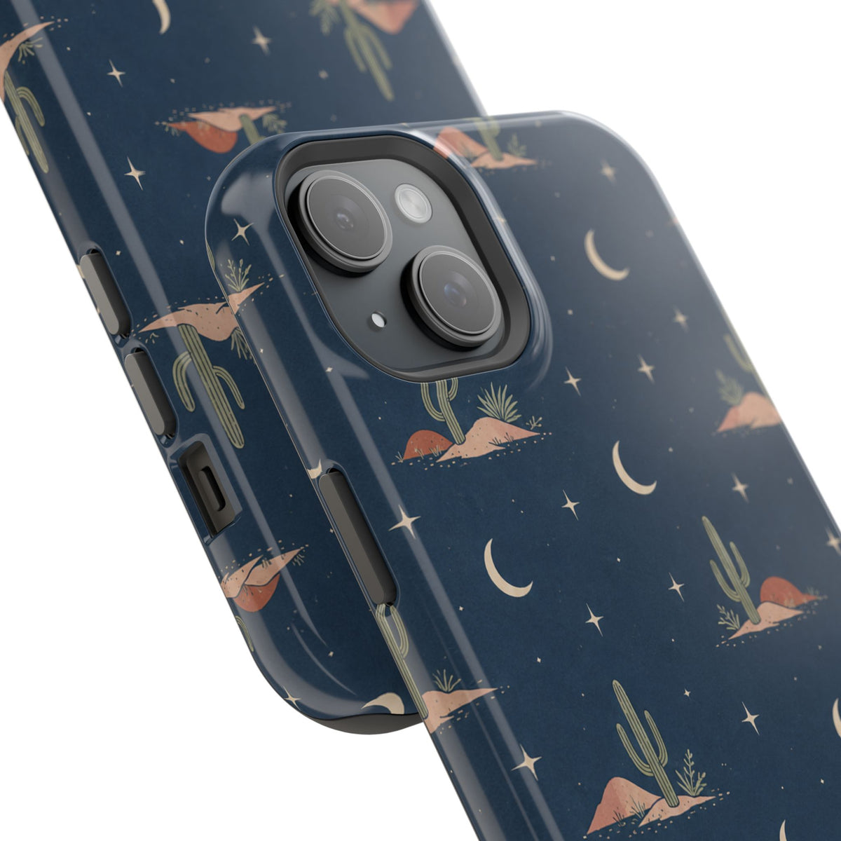 Desert Moon MagSafe Phone Case, glossy diagonal dual-camera model, camera and side-button close-up