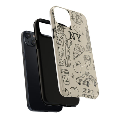 NY City Icons Tough iPhone Case — Statue of Liberty, Pizza & Taxi Pattern | Compatible with MagSafe