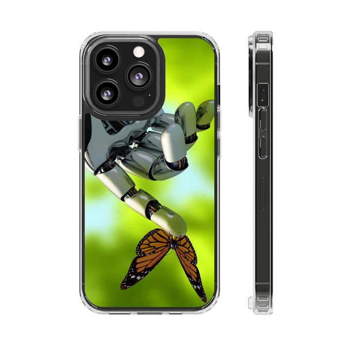 Clear Cases for iPhone 14 Series with Robotic hand and Butterfly.