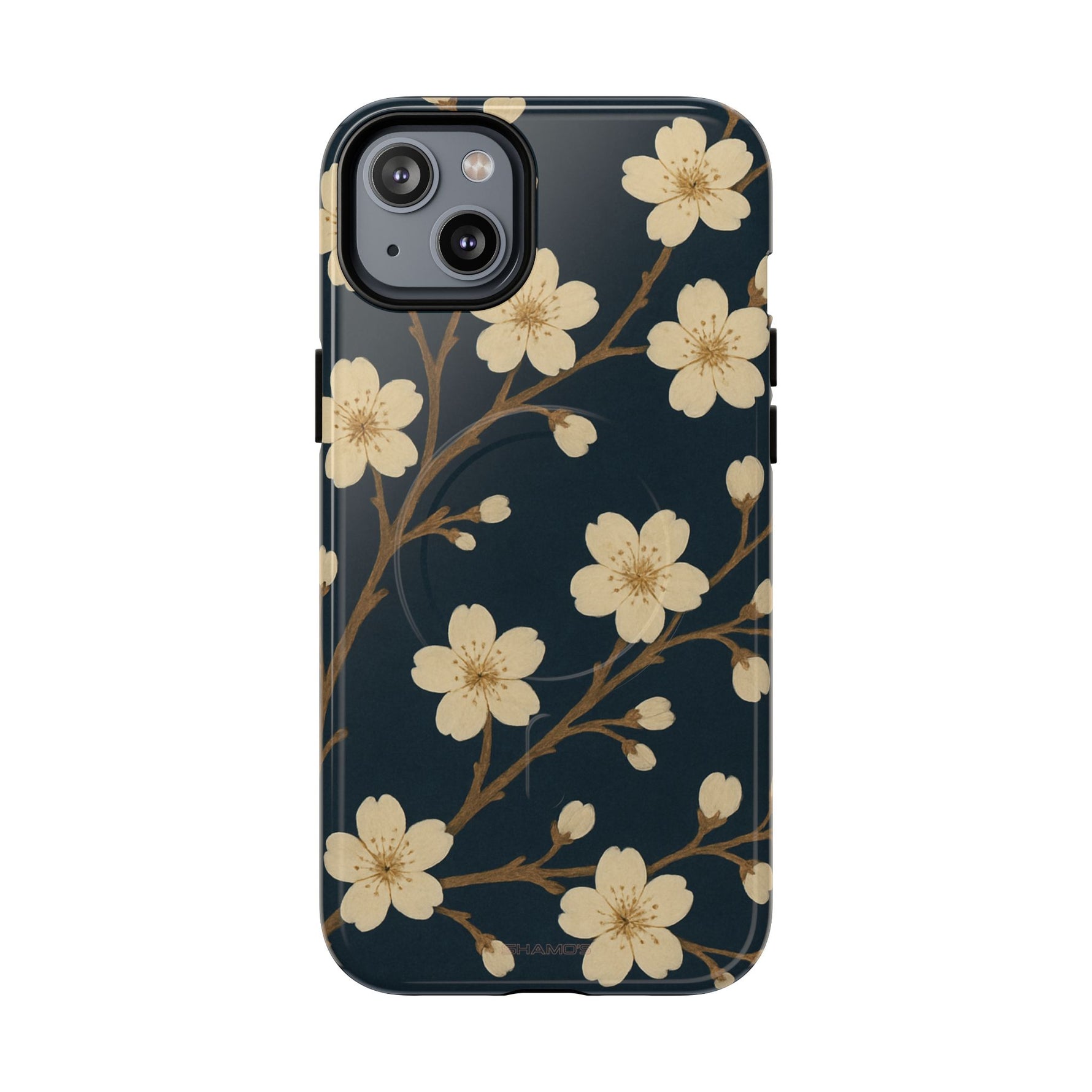 Navy Cherry Blossom Floral iPhone Case - Compatible with MagSafe