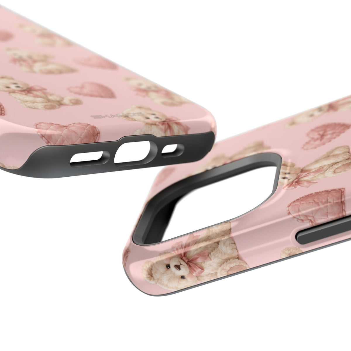Pink Teddy Hearts Love iPhone Case, Impact-Resistant MagSafe Compatible