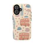 London Icons Hand-Drawn iPhone Case — Cute Double-Decker Bus & Big Ben Pattern with MagSafe compatibility  Shamo's iPhone 16 / Glossy