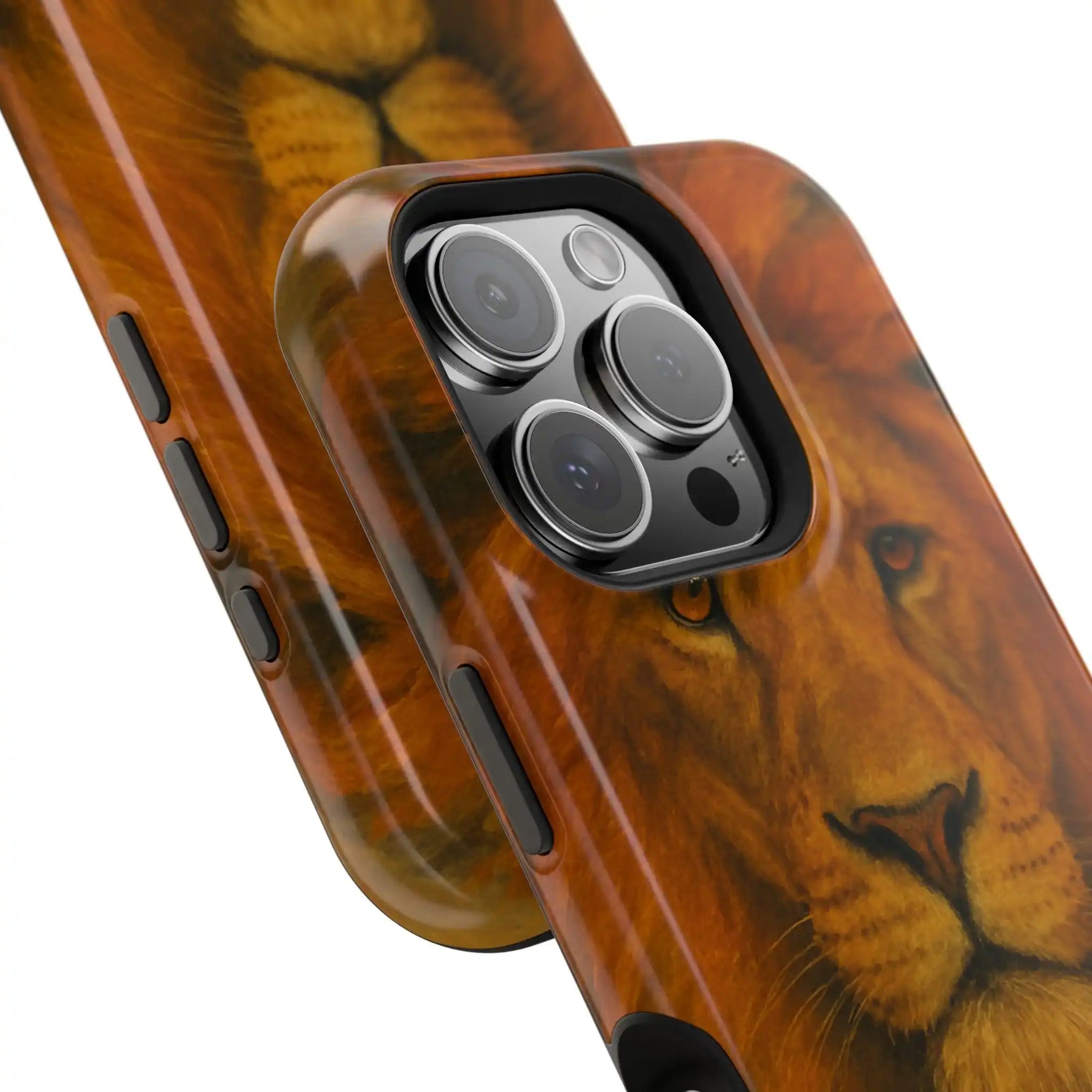 Two glossy phone cases with close-up lion face design shown in variant size