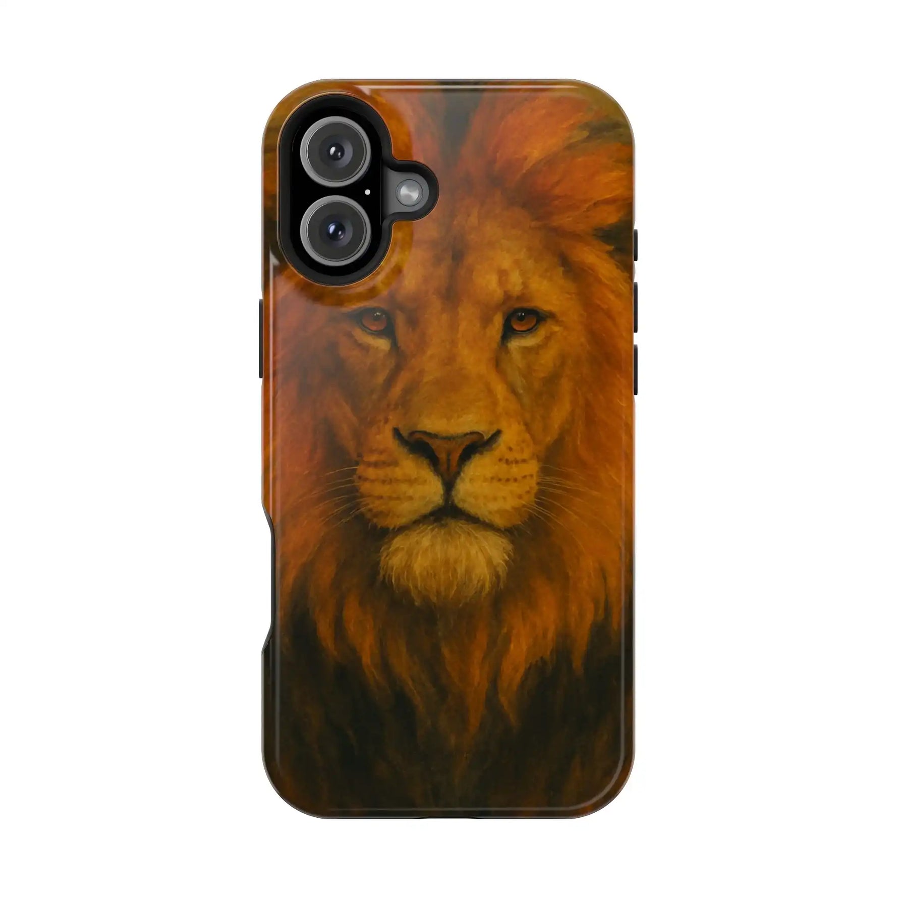 iPhone 14 Pro phone case with realistic lion face design, medium size variant