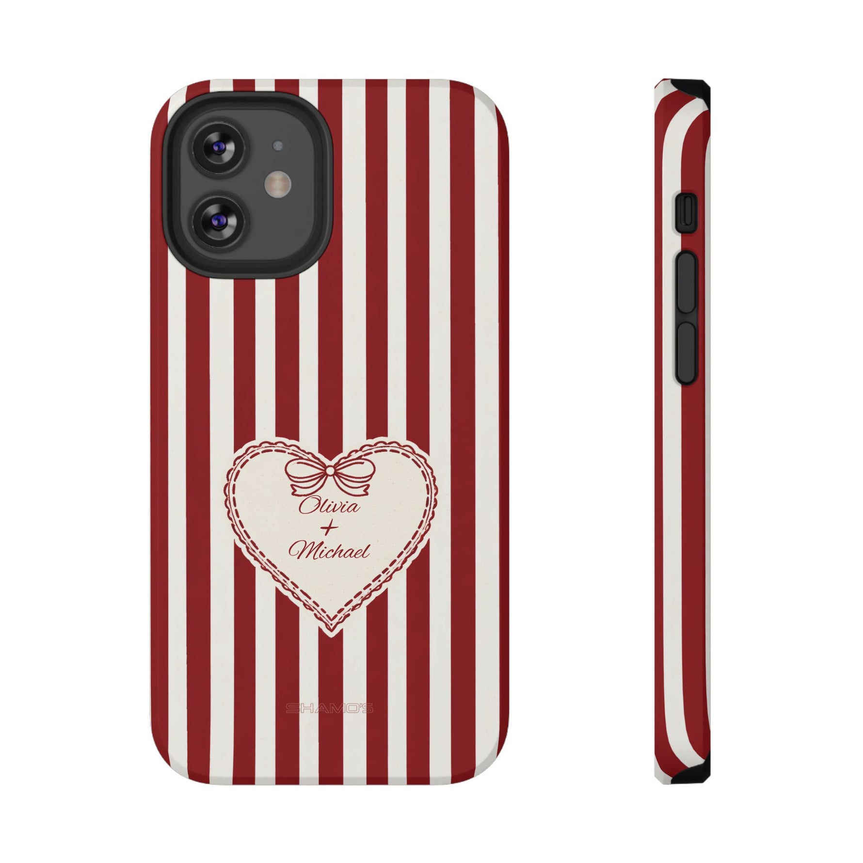 Funda personalizada a rayas — Diseño de corazón rojo y blanco (nombres personalizados)