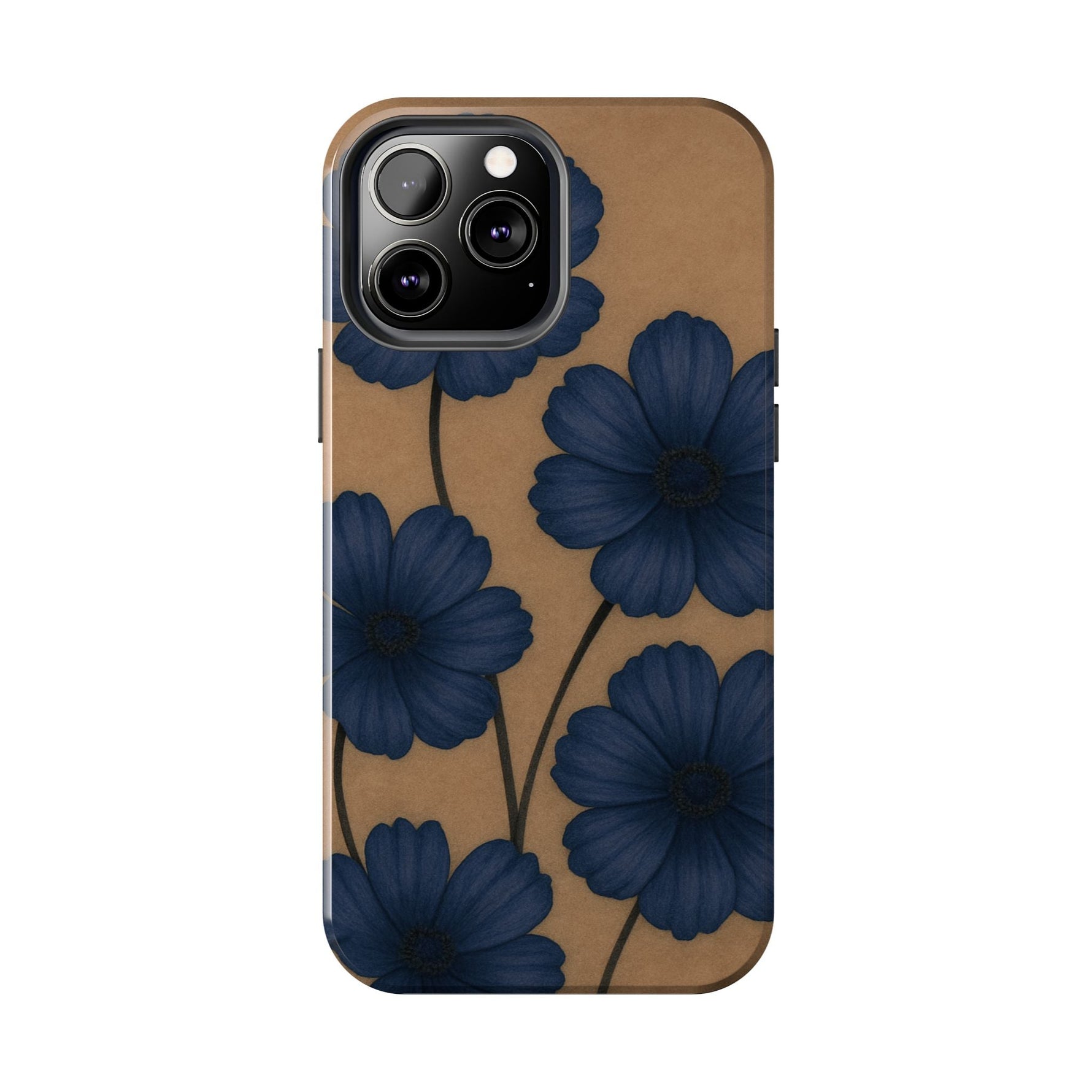 Navy Floral Tough iPhone Case — Durable Protective Case with Blue Flowers on Kraft Background  Shamo's