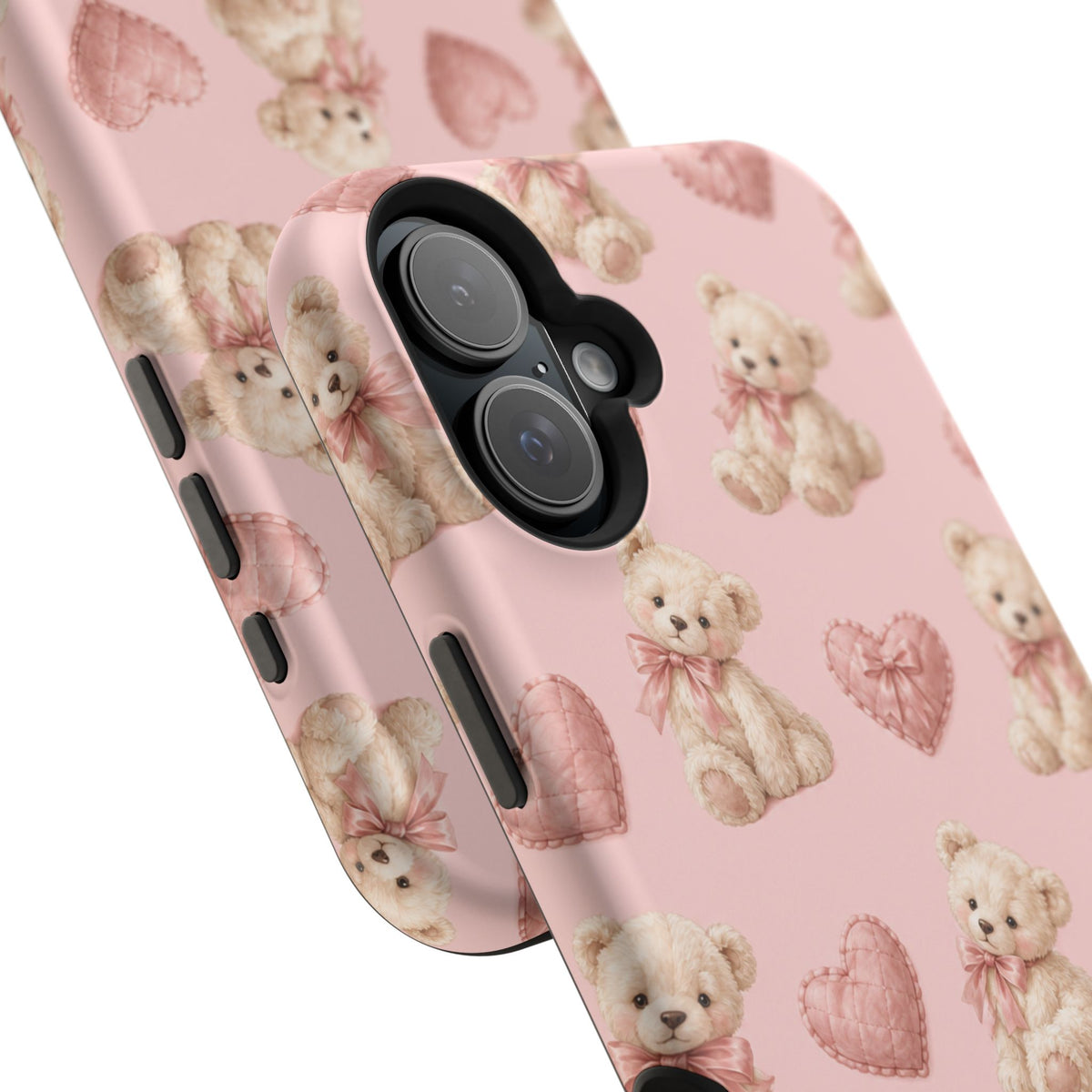 Pink Teddy Hearts Love iPhone Case, Impact-Resistant MagSafe Compatible