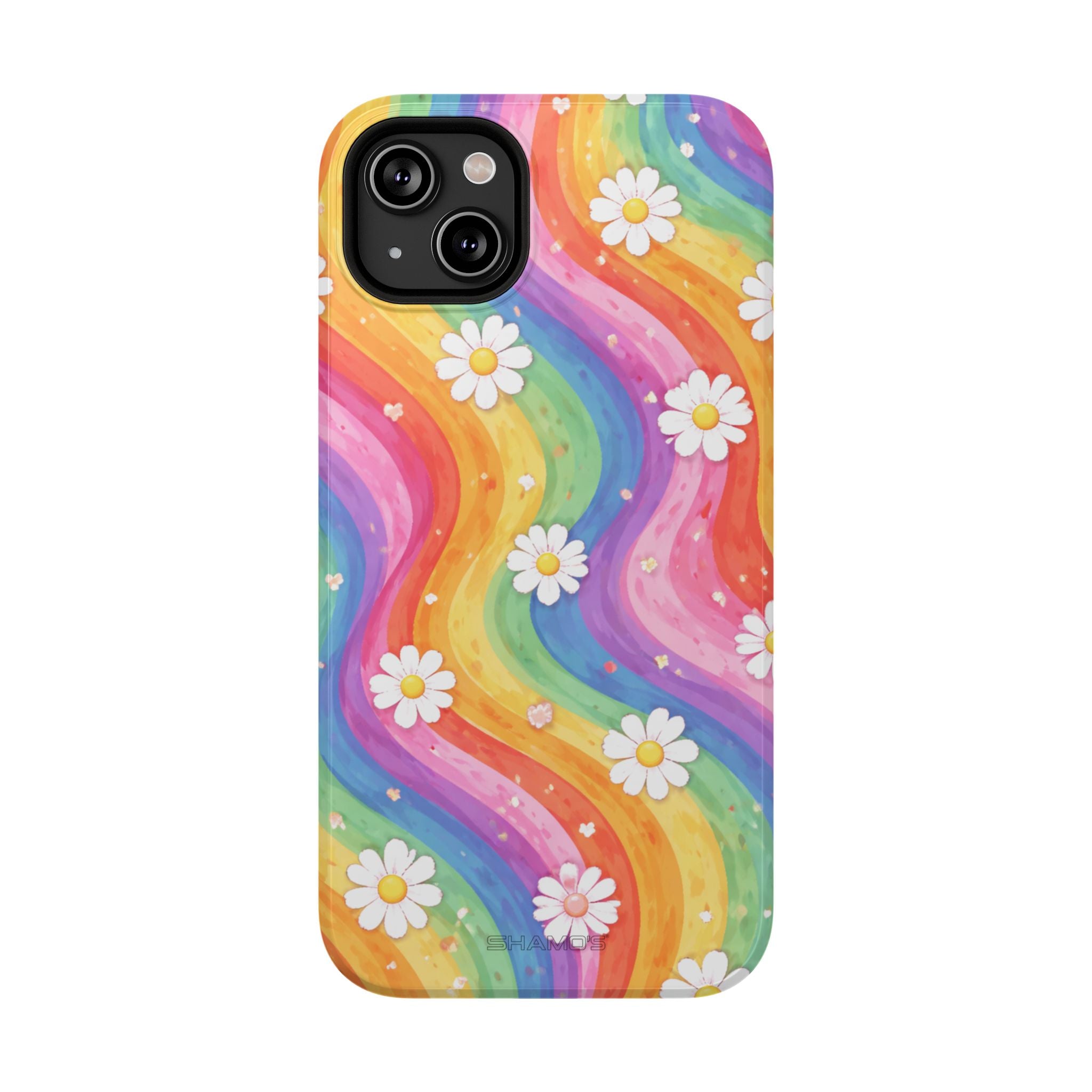 Phone case with flowing rainbow-colored stripes and small white daisies