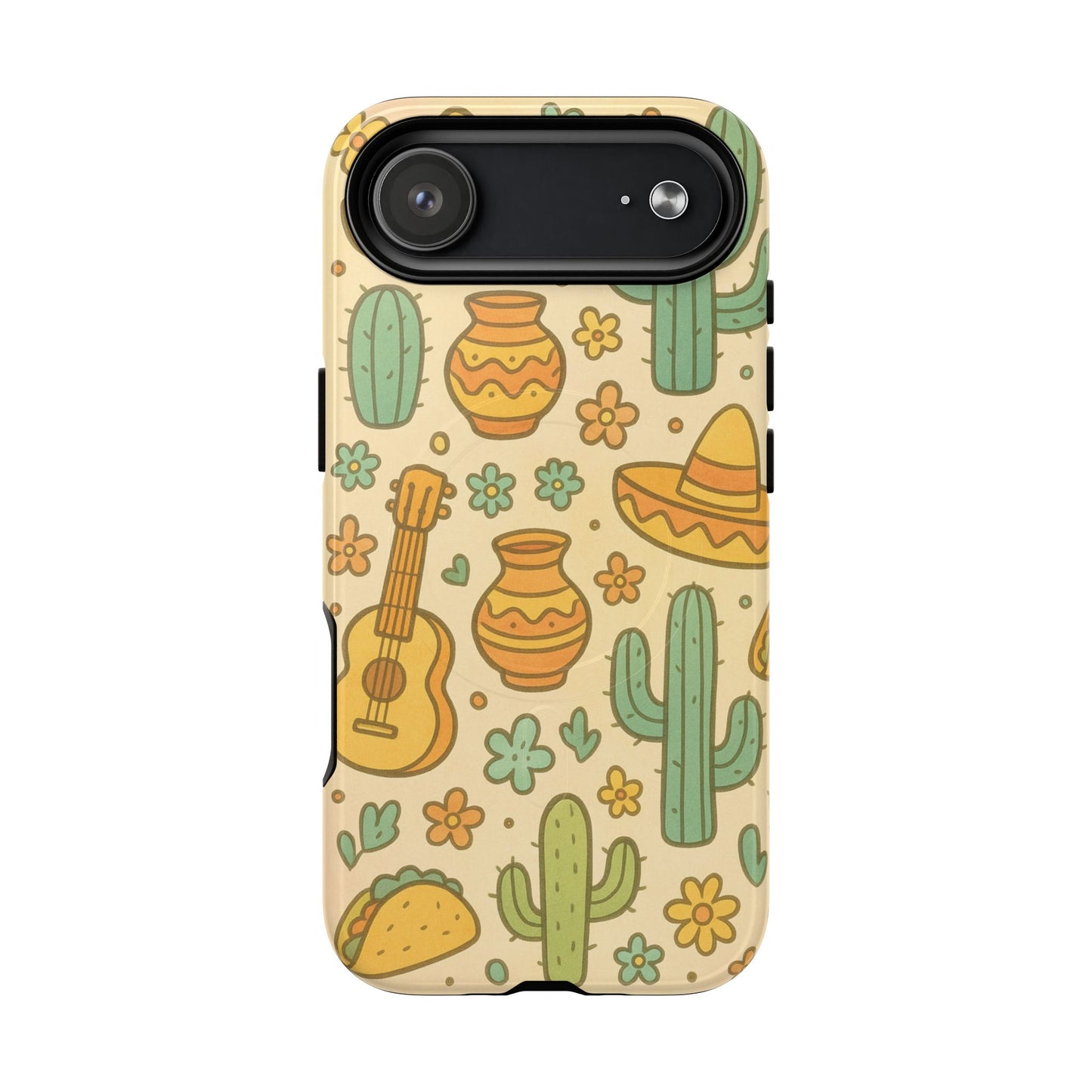 Mexico Hand-Drawn Cactus Pattern iPhone Case – Cute Desert Guitar & Sombrero Design | with MagSafe