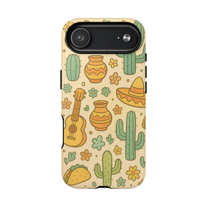 Mexico Hand-Drawn Cactus Pattern iPhone Case – Cute Desert Guitar & Sombrero Design | with MagSafe