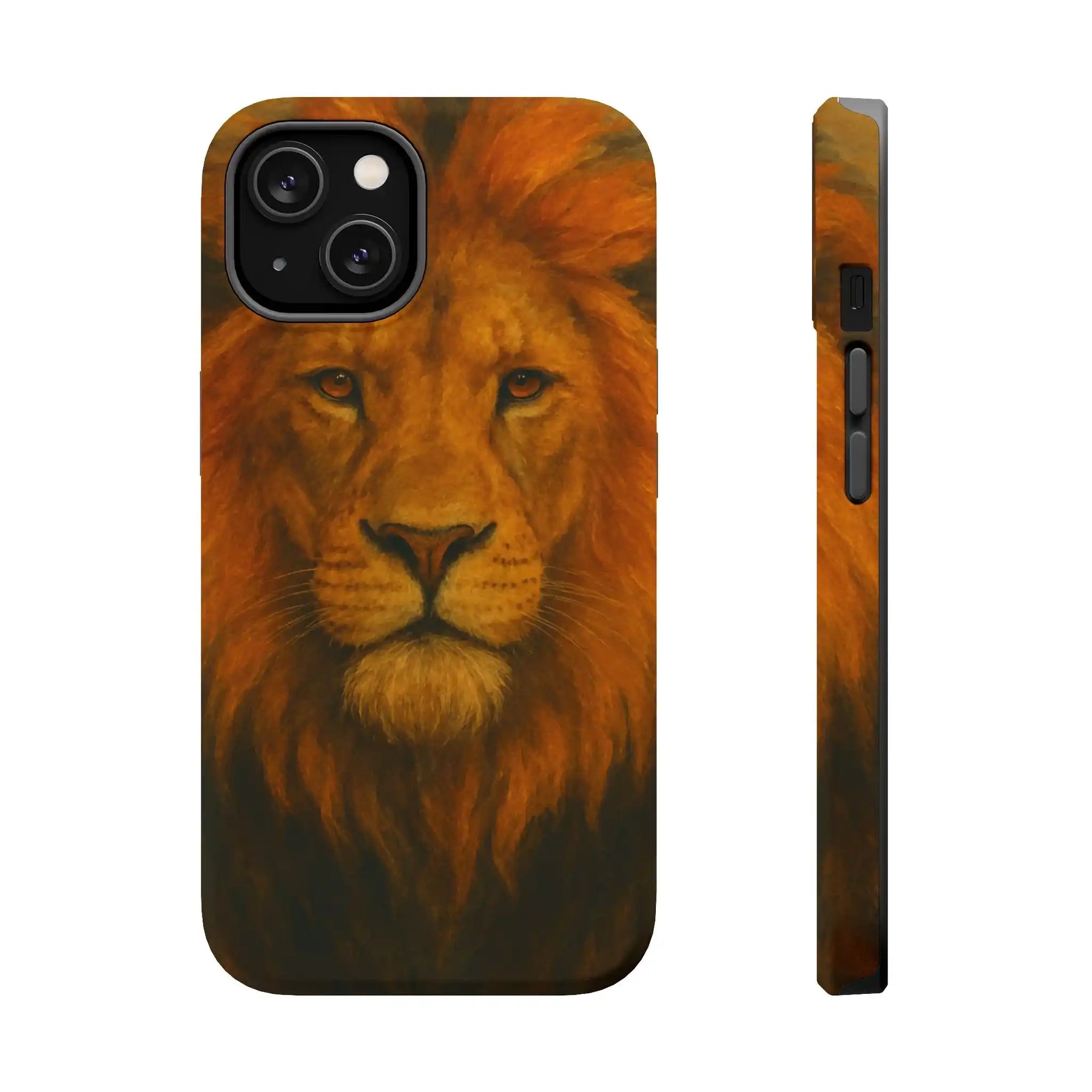Lion portrait phone case for iPhone with detailed mane artwork, front and side views showing slim design