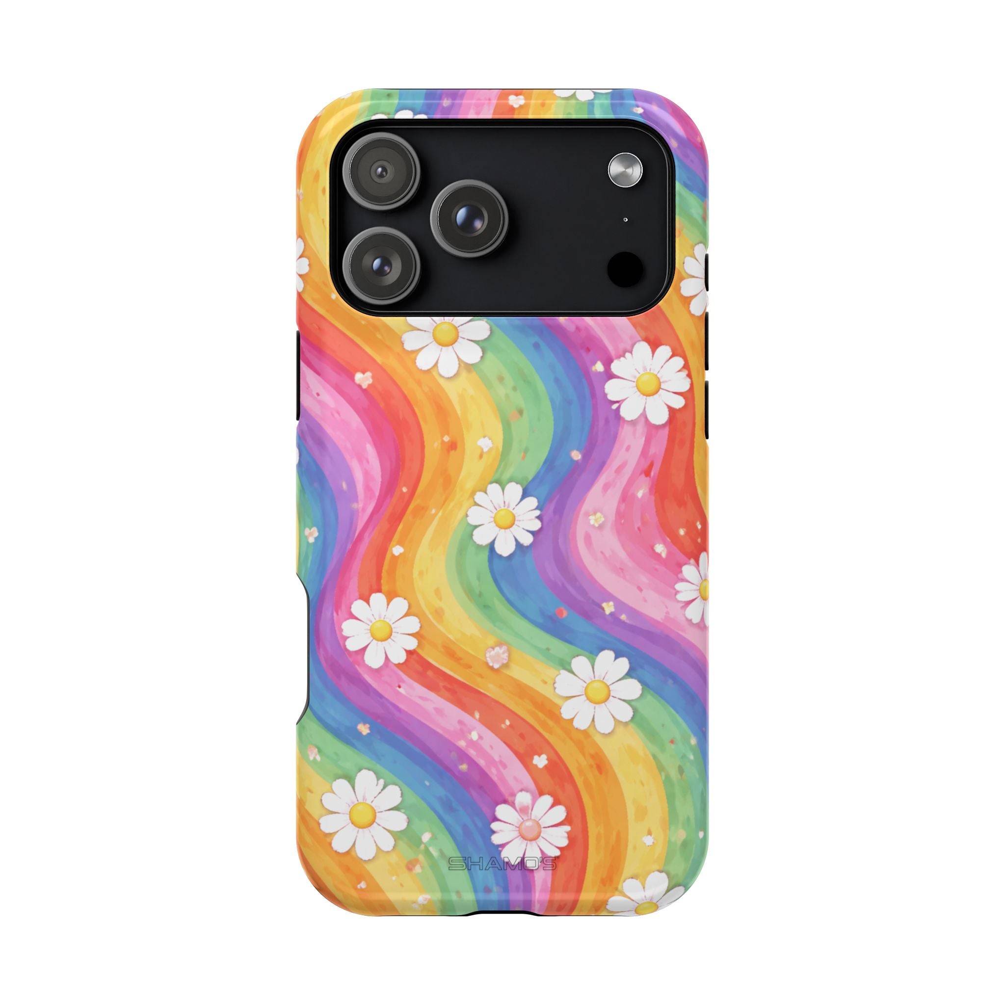 Phone case with flowing rainbow-colored stripes and small white daisies