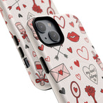 Romantic Love Doodle Tough iPhone Case ("LOVE", hearts, roses) (MagSafe compatible)  Shamo's