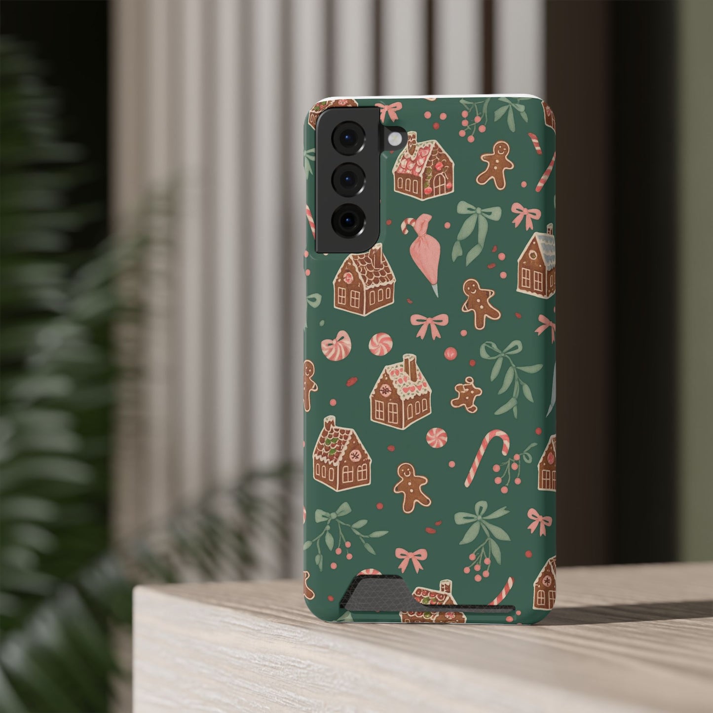 Holiday Gingerbread Phone Case with Card Holder — Festive Green Candy Cane Design