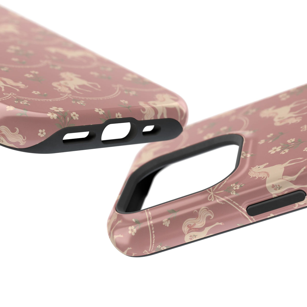 Rose Ponies MagSafe Phone Case, glossy square triple-camera Pro model, port openings and edge details