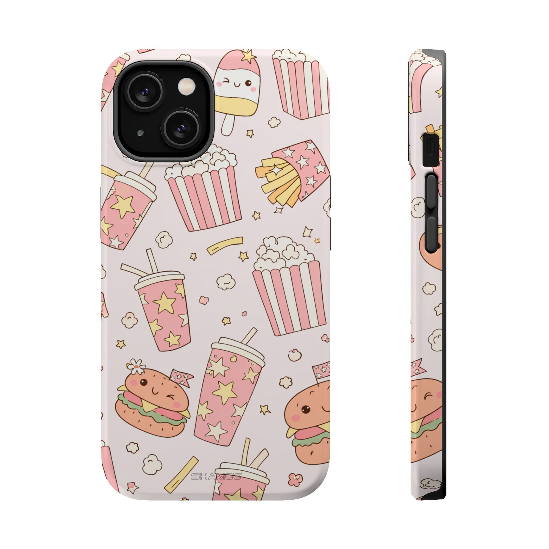 Kawaii Snack Pattern Magnetic Phone Case, Cute Popcorn, Burger & Soda Design with MagSafe Compatibility