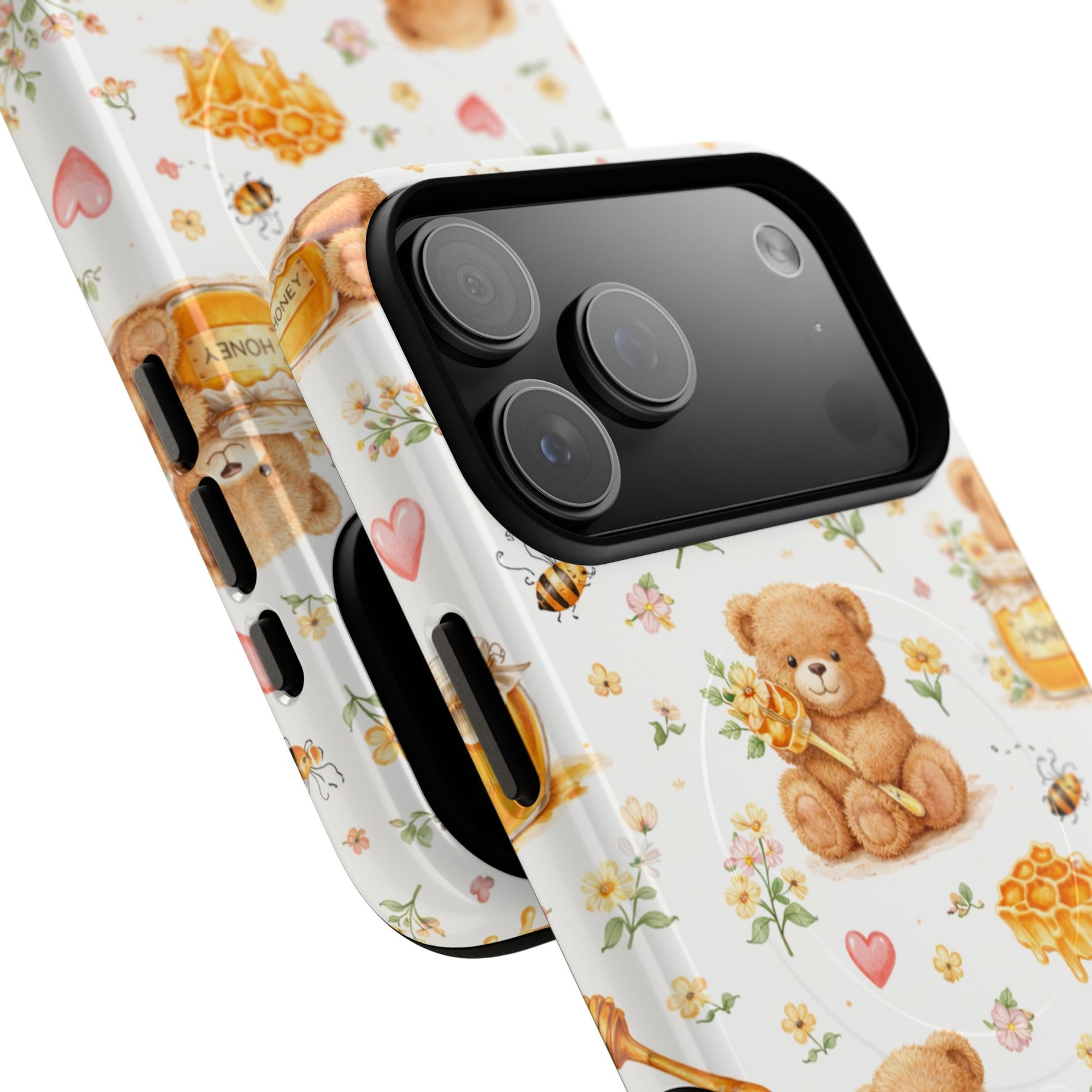 Honey Teddy Bear iPhone Case — Yellow Bee & Honey Pot Design with MagSafe