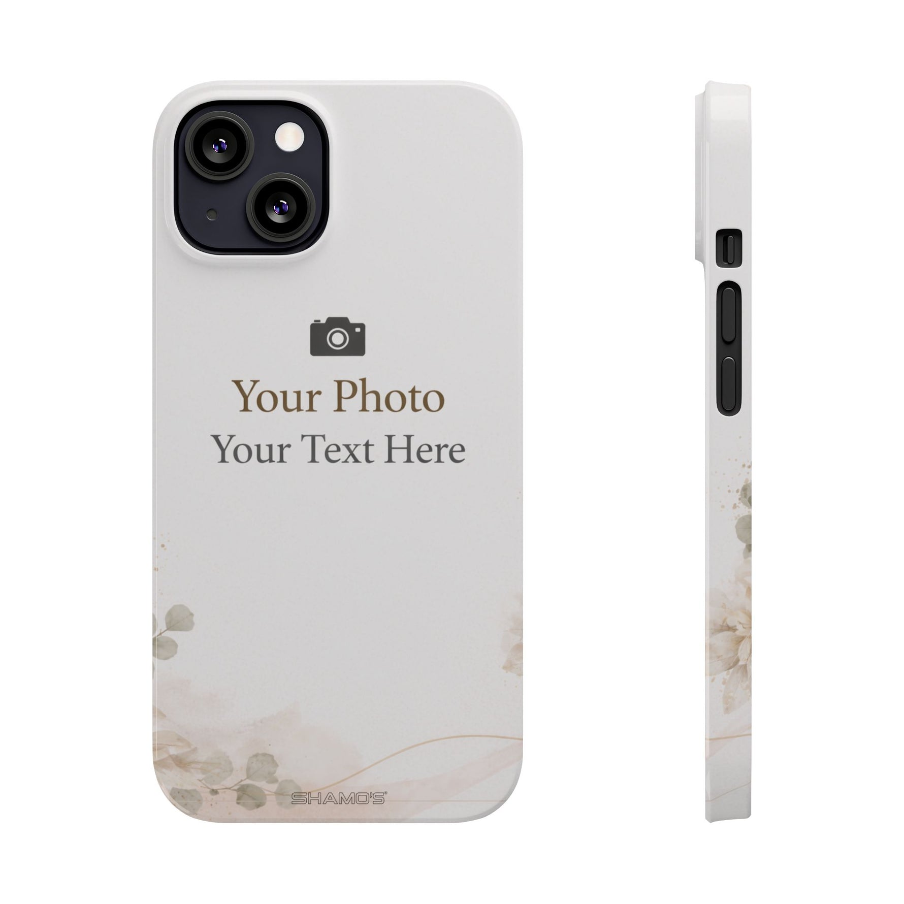 Personalized Slim Phone Case, Custom Photo & Text Minimal Floral Design - iPhone 13 - Shamo's