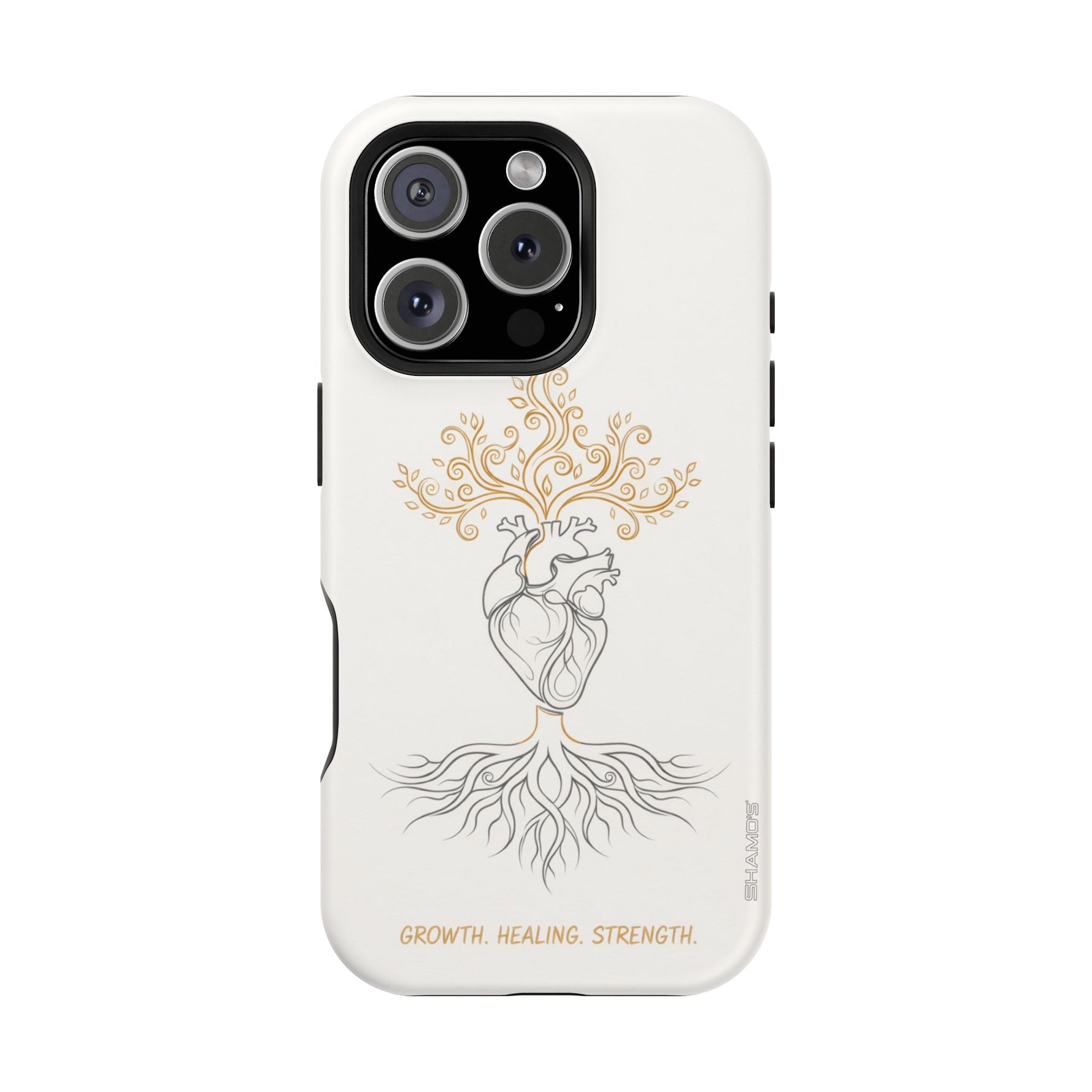 Minimalist Impact-Resistant iPhone Case, Heart Root Illustration ("Growth. Healing. Strength.") MagSafe Compatible - iPhone 16 Pro / Matte - Shamo's