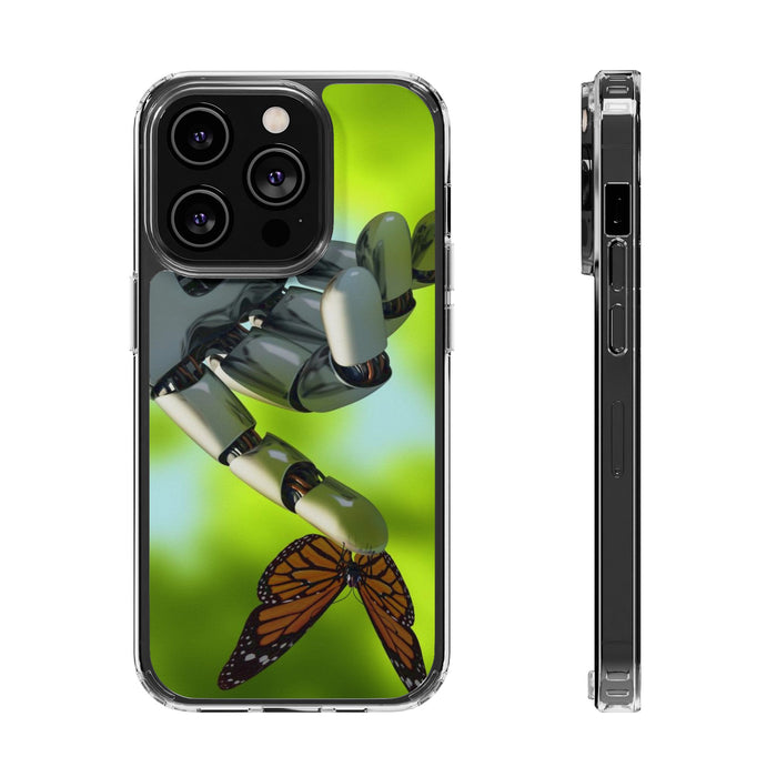 Clear Cases for iPhone 14 Series with Robotic hand and Butterfly.