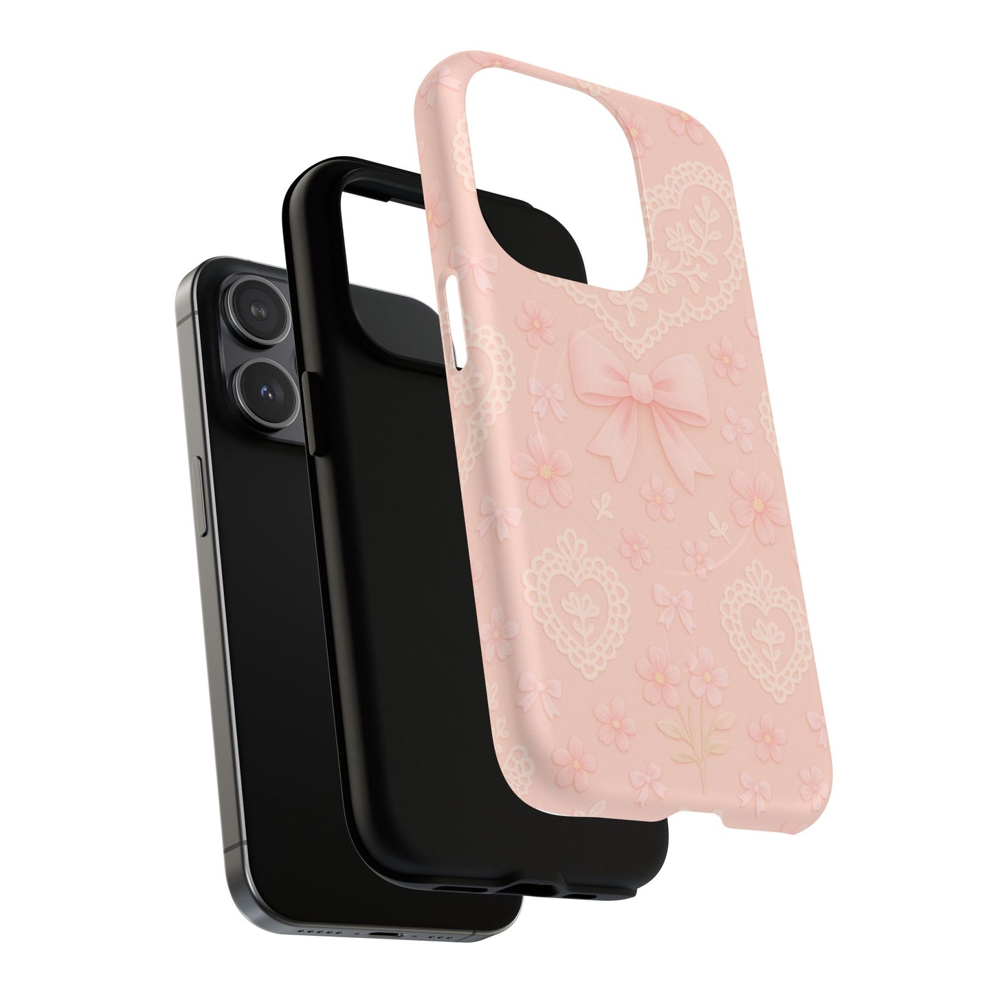 Balletcore Pink Floral Lace iPhone Case with Bow | Works with MagSafe