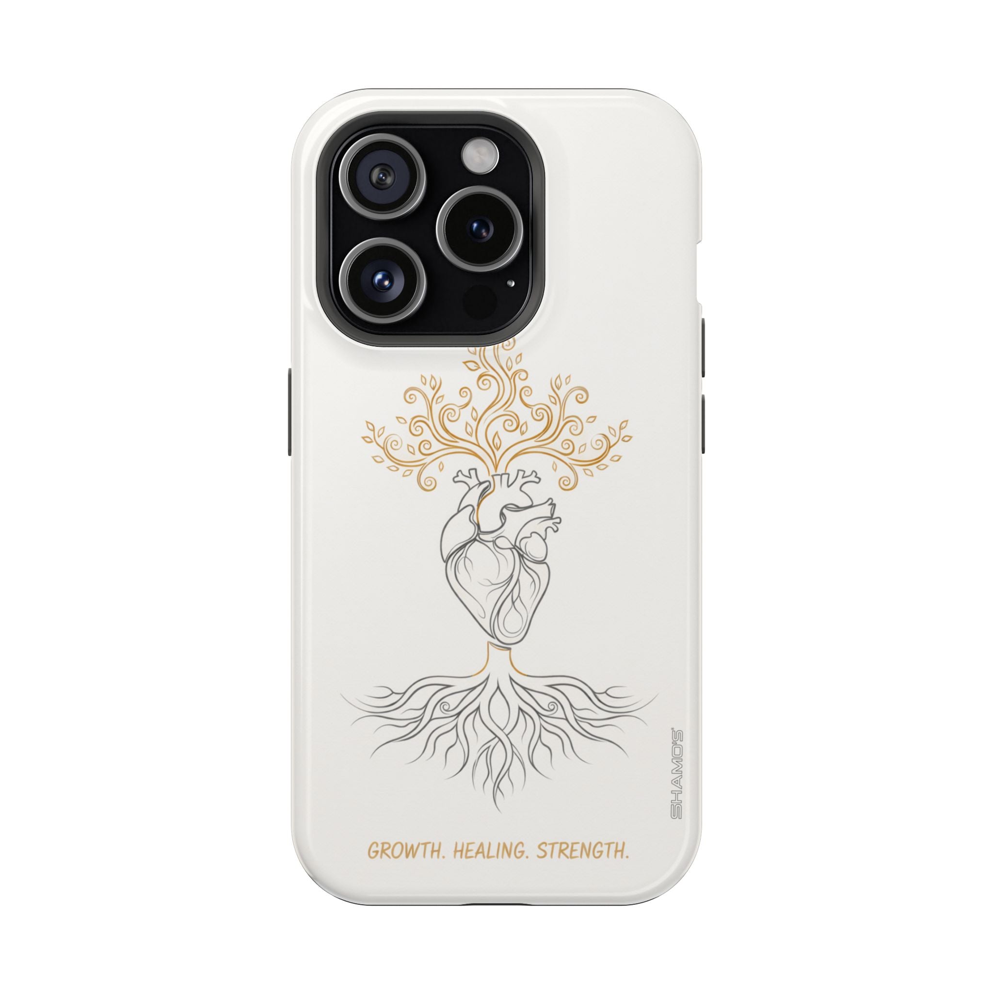 Minimalist Impact-Resistant iPhone Case, Heart Root Illustration ("Growth. Healing. Strength.") MagSafe Compatible - iPhone 15 Pro / Glossy - Shamo's
