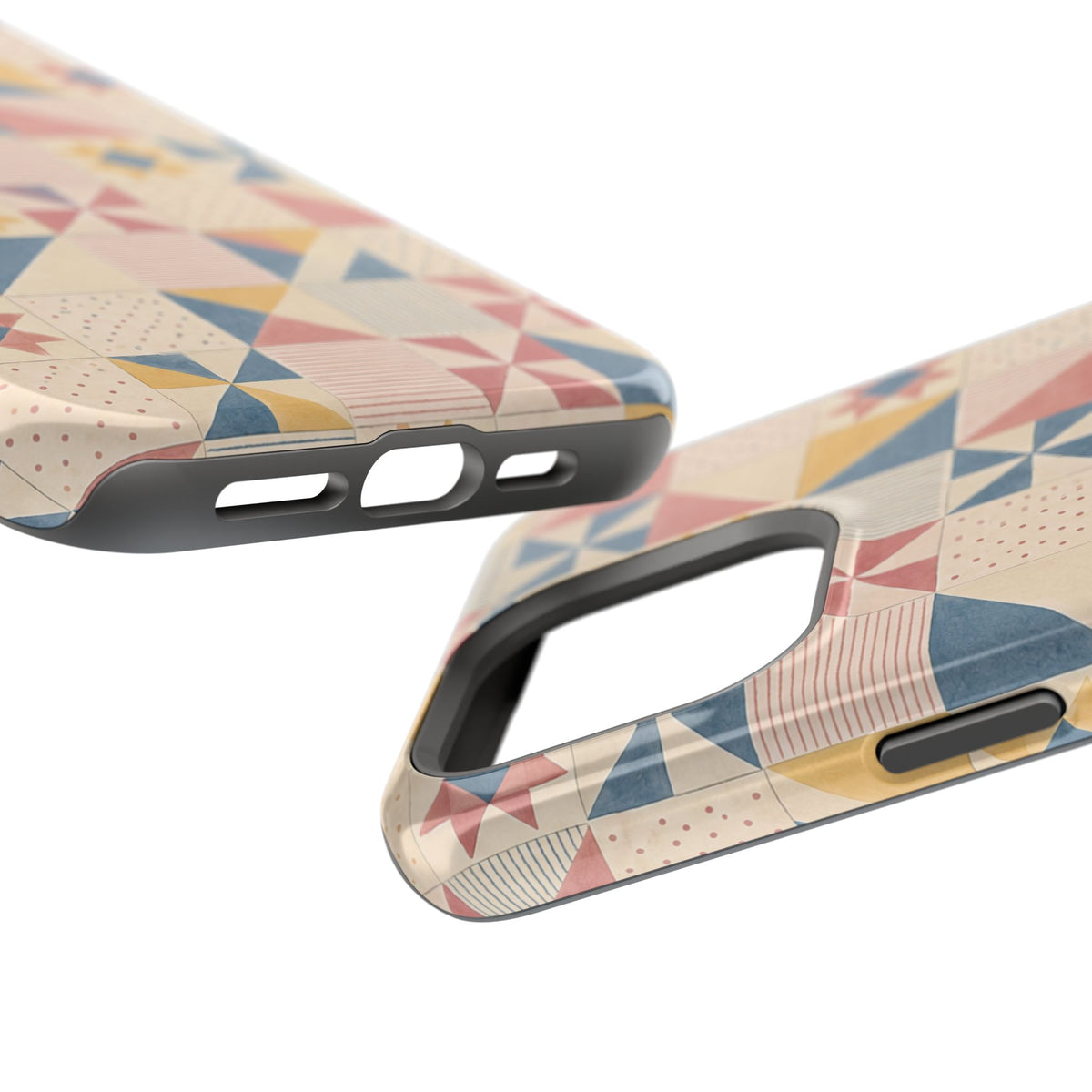 Prairie Quilt – Pastel Patchwork Pattern MagSafe Phone Case, glossy square triple-camera Pro model, port openings and edge details