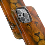 Close-up of two phone cases with detailed lion face artwork showing camera cutout variant size