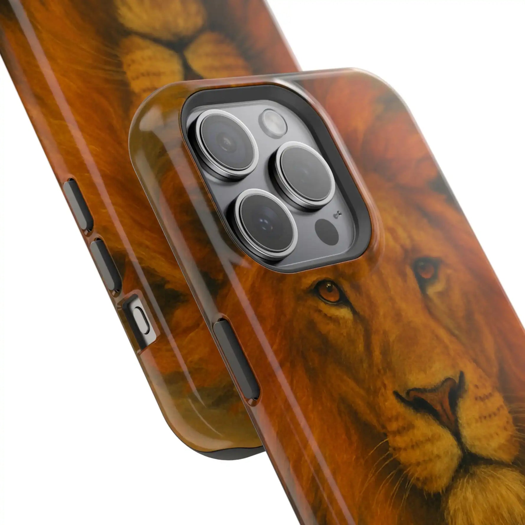 Close-up of two phone cases with detailed lion face artwork showing camera cutout variant size