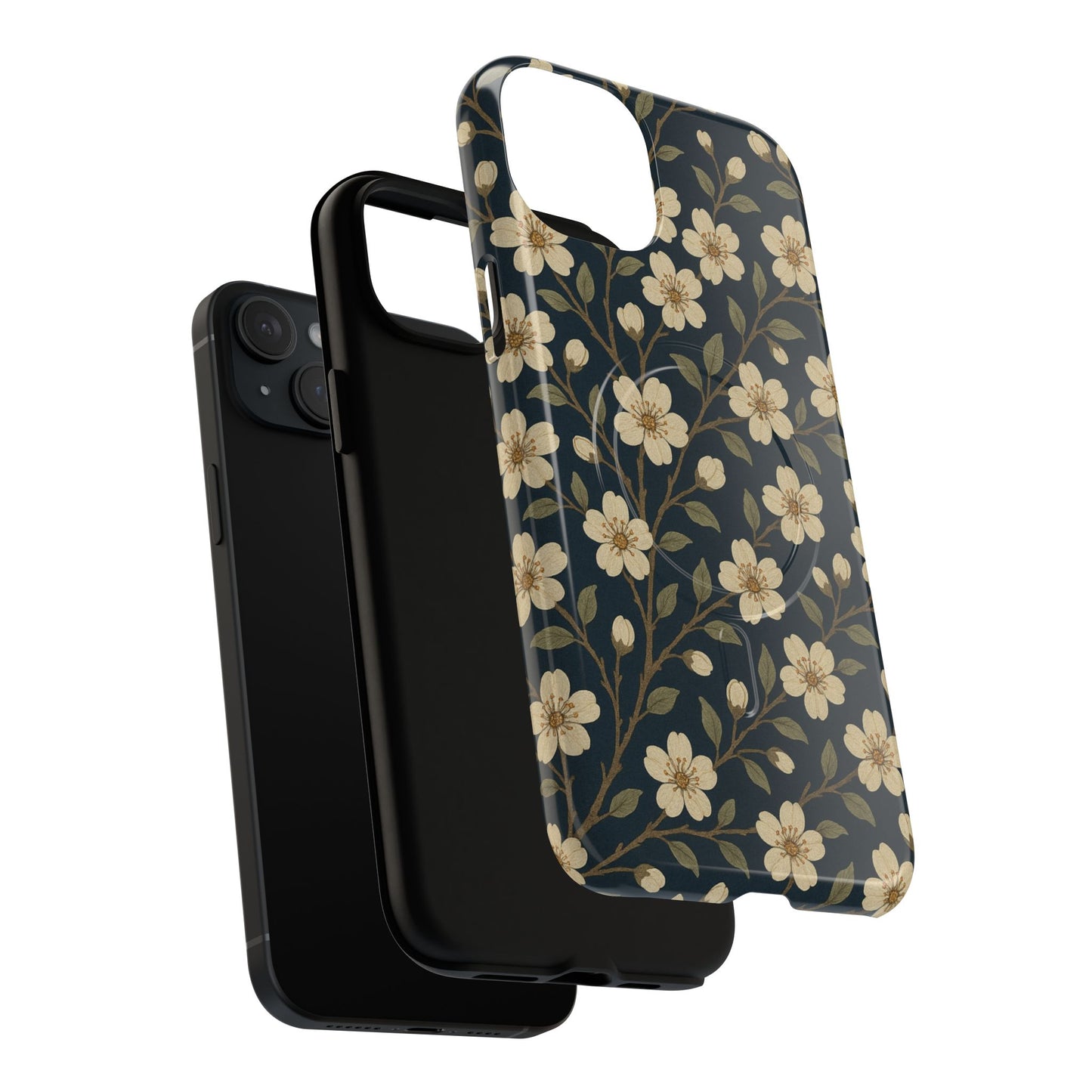 Navy Cherry Blossom Floral iPhone Case - Compatible with MagSafe