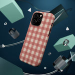 Prairie Gingham MagSafe Phone Case, glossy square triple-camera Pro model, rear view with magnetic accessories