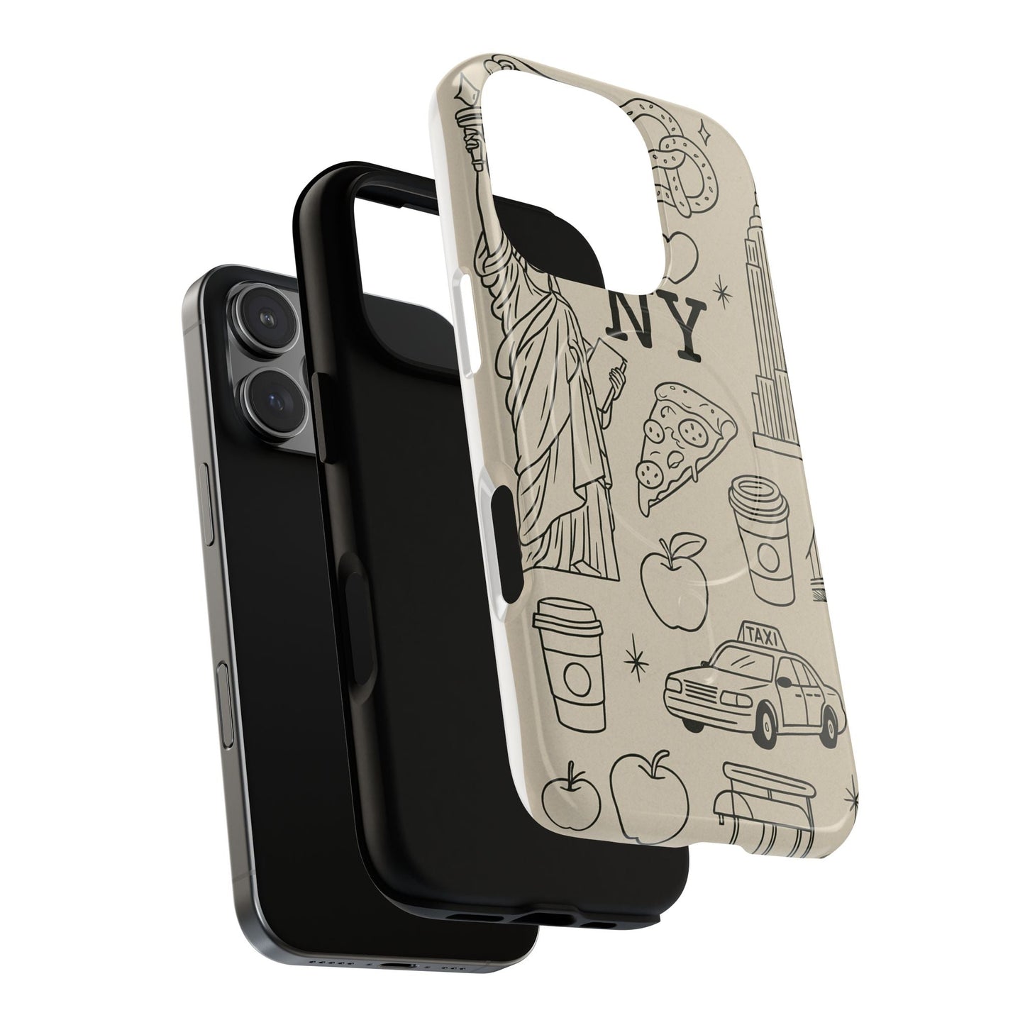 NY City Icons Tough iPhone Case — Statue of Liberty, Pizza & Taxi Pattern | Compatible with MagSafe