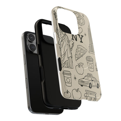 NY City Icons Tough iPhone Case — Statue of Liberty, Pizza & Taxi Pattern | Compatible with MagSafe