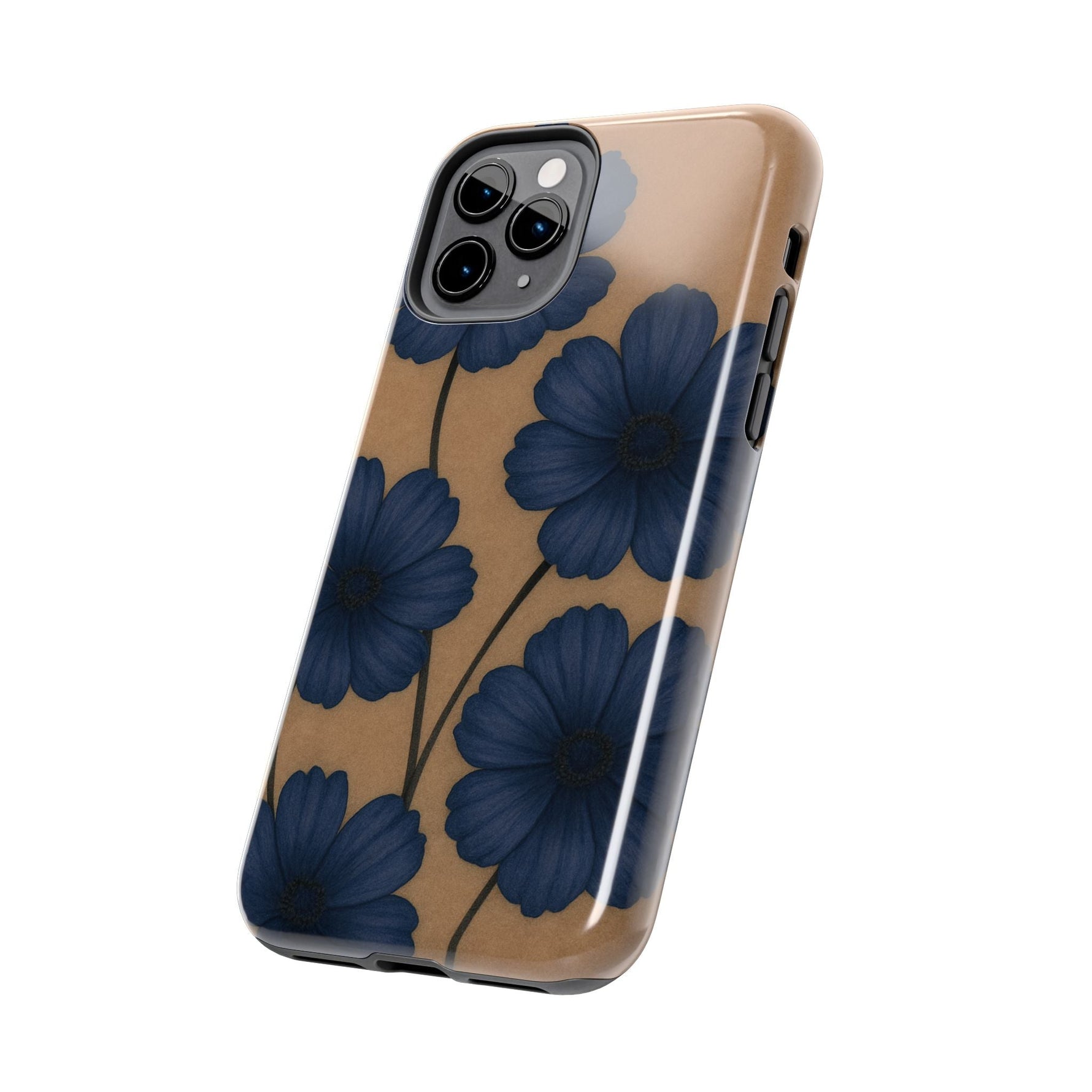 Navy Floral Tough iPhone Case — Durable Protective Case with Blue Flowers on Kraft Background  Shamo's